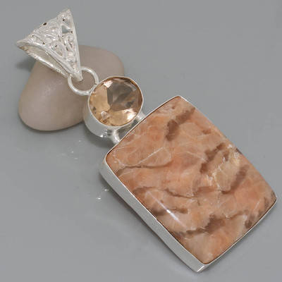 MAGNIFICENT JASPER & MORGANITE QUARTZ NATURAL GEMSTONE 925 SILVER PENDANT 2.25"