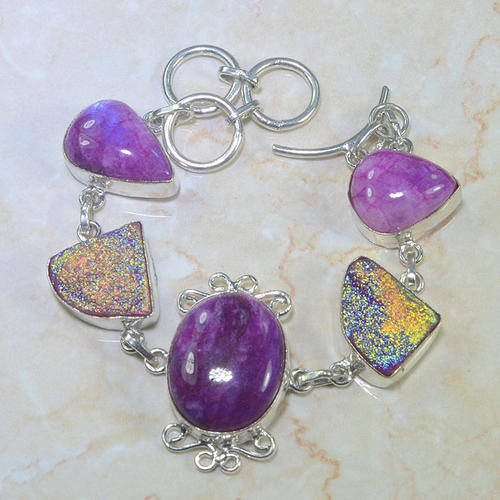 RARE PURPLE MOONSTONE MOONSTONE & TITANIUM DRUZY NATURAL GEMS 925 SILVER BRACELET 6.5-7.75"