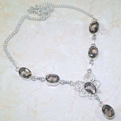OUTSTANDING SMOKY QUARTZ NATURAL GEMSTONE 925 SILVER NECKLACE 19.5"