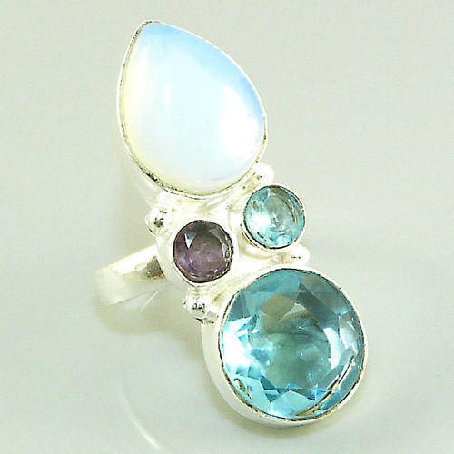 **R10 SPECIAL** FIERY OPALITE, BLUE QUARTZ NATURAL GEMSTONE 925 SILVER RING #8