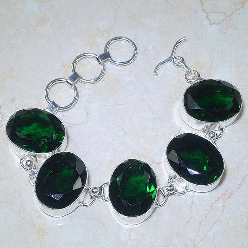 EXCEPTIONAL DIOPSIDE GREEN QUARTZ NATURAL GEMSTONE 925 SILVER BRACELET 6.5-7.75"