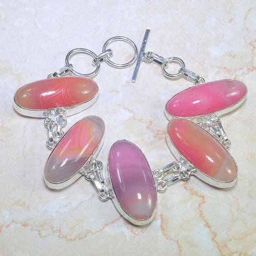 DESIRABLE PINK LACE AGATE NATURAL GEMSTONE 925 SILVER BRACELET 6.75-7.5