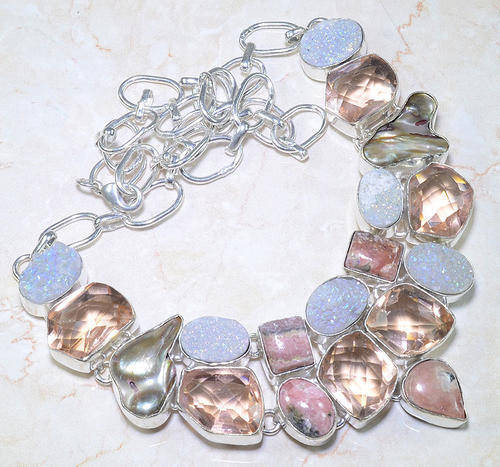 CKB CUT MORGANITE QUARTZ, TITANIUM DRUZY, BAROQUE PEARLS NATURAL GEMSTONE 925 SILVER NECKLACE 19"