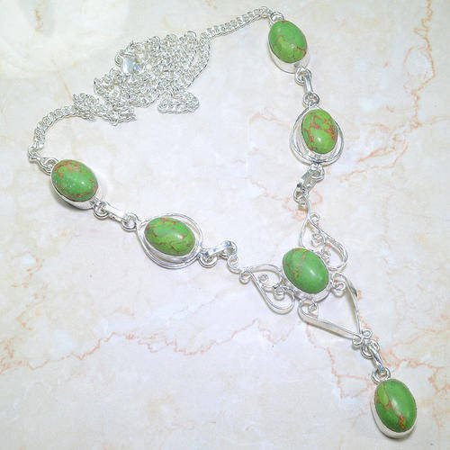 GORGEOUS GREEN COPPER TURQUOISE NATURAL GEMSTONE 925 SILVER NECKLACE 19"