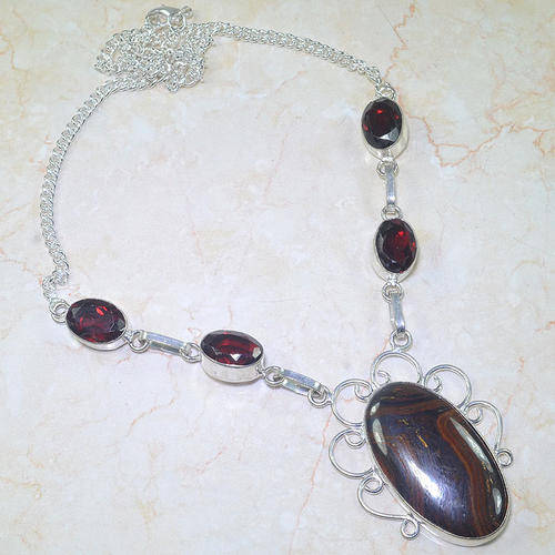**R10 SPECIAL** IRON TIGERS EYE & PYROPE GARNET RED QUARTZ NATURAL GEMSTONE 925 SILVER NECKLACE 20"