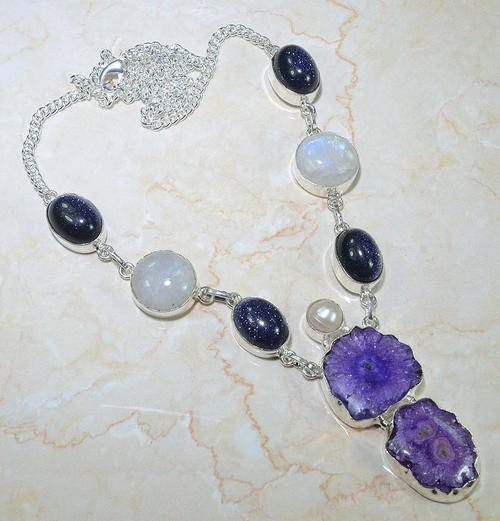 SOLAR QUARTZ, BLUE SUN SITARA, RIVER PEARL, MOONSTONE NATURAL GEMSTONE 925 SILVER NECKLACE 21.5"