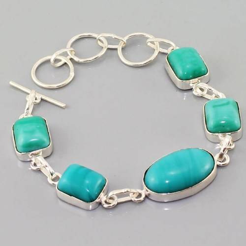 BEAUTIFUL BLUE/GREEN AGATE NATURAL GEMSTONE 925 SILVER BRACELET 6-7.5"