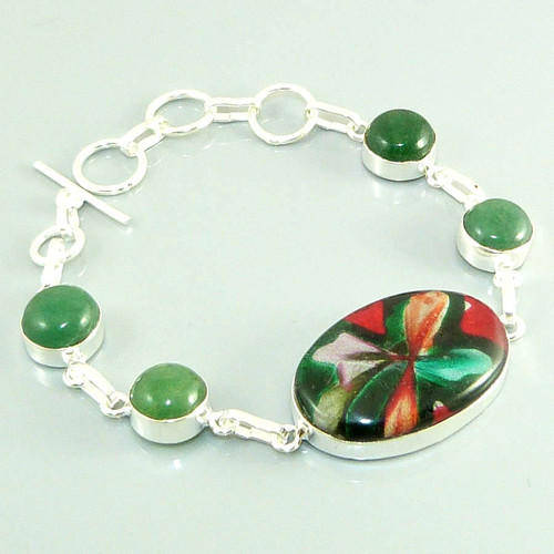 VIBRANT GENUINE ITALIAN MURANO GLASS, GREEN JADE NATURAL GEMSTONE 925 SILVER BRACELET 6.75-8"