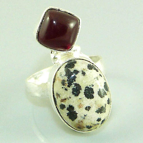 **R10 SPECIAL** DALMATIAN JASPER, DEEP WINE RED QUARTZ NATURAL GEMSTONE 925 SILVER RING #7
