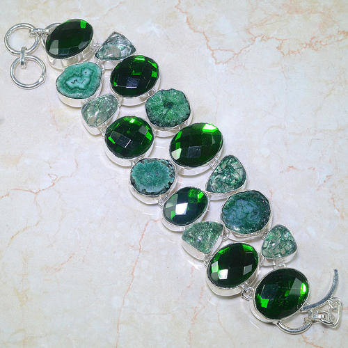 GREEN MYSTIC TOPAZ, SOLAR QUARTZ, SNAKESKIN QUARTZ NATURAL GEM 925 SILVER CLUSTER BRACELET 6.75-7.5"