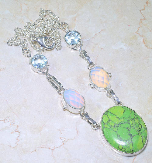 MOSAIC JASPER, OPALITE, BLUE TOPAZ NATURAL GEMSTONES 925 SILVER NECKLACE 18.5"