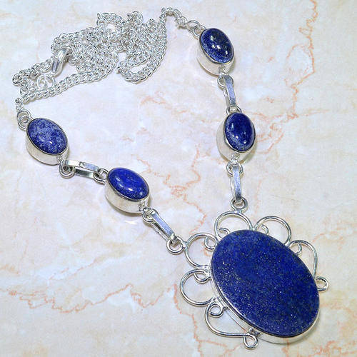 OUTSTANDING LAPIS LAZULI WITH PYRITE FLECKS NATURAL GEMSTONES 925 SILVER NECKLACE 20"