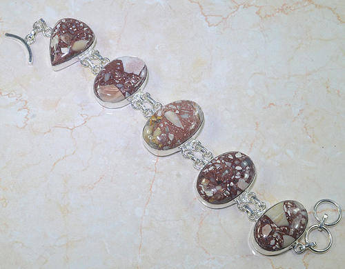 **R10 SPECIAL** GORGEOUS BRECCIATED JASPER NATURAL GEMSTONE 925 SILVER BRACELET 7.5-8"