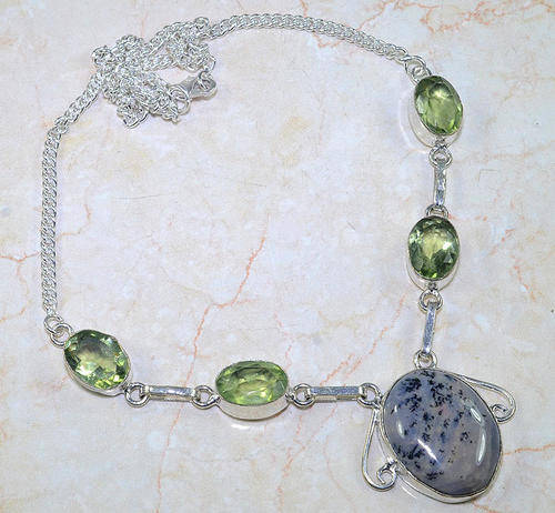 DENDRITIC OPAL & GREEN AMETHYST NATURAL GEMSTONES 925 SILVER NECKLACE 21.25"
