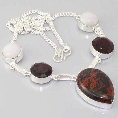 MAHOGANY OBSIDIAN, GARNET RED QUARTZ, MOONSTONE NATURAL GEMSTONE 925 SILVER NECKLACE 19"