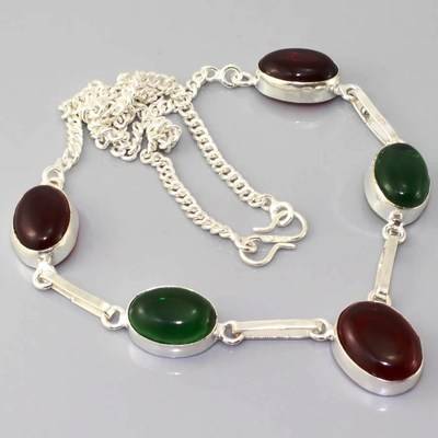 CHRISTMAS COLOURS - DEEP RED & GREEN QUARTZ NATURAL GEMSTONE 925 SILVER NECKLACE 17"