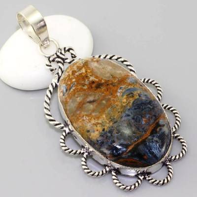 GORGEOUS VINTAGE STYLE PIETERSITE NATURAL GEMSTONE 925 SILVER PENDANT 2.5"