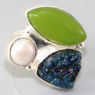 APPLE CHALCEDONY, TITANIUM DRUZY, PEARL NATURAL GEMSTONE 925 SILVER RING #6