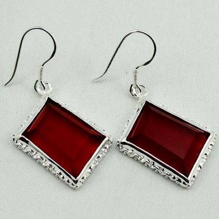 VIBRANT GARNET RED QUARTZ NATURAL GEMSTONE 925 SILVER EARRINGS 1.75"