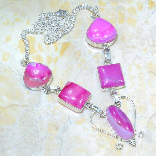 AMAZING PINK LACE BOTSWANA AGATE NATURAL GEMSTONES 925 SILVER NECKLACE 19"