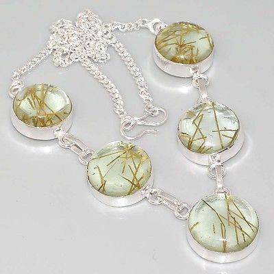 FANTASTIC GOLDEN RUTILATED QUARTZ GEMSTONES 925 SILVER NECKLACE 16"