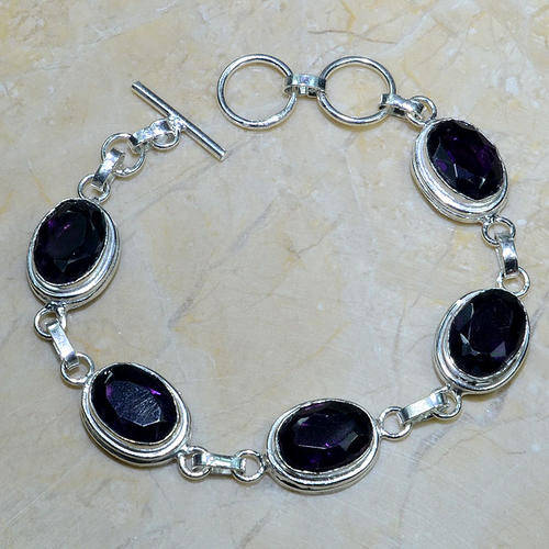 IMPERIAL BRAZILIAN DEEP PURPLE AMETHYST NATURAL GEMSTONES 925 SILVER BRACELET 7.5-8.25"