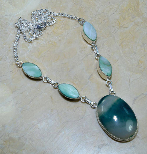 REFRESHING MOTHER OF PEARL, BOTSWANA AGATE NATURAL GEMSTONE 925 SILVER NECKLACE 20.5"