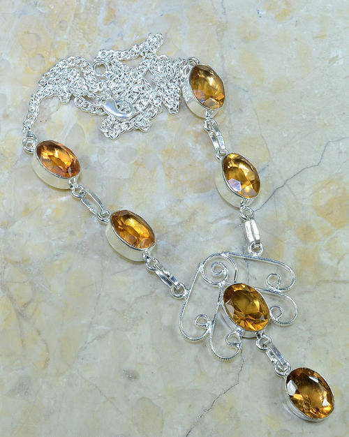 DAZZLING GOLDEN ORANGE CITRINE NATURAL GEMSTONE 925 SILVER NECKLACE 20"