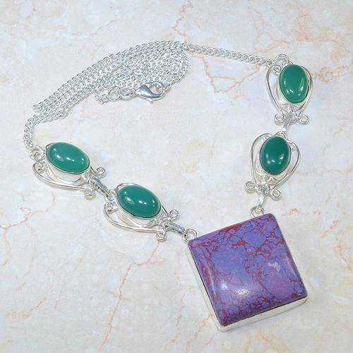 PURPLE TURQUOISE & RUSSIAN CHRYSOPRASE NATURAL GEMSTONE 925 SILVER NECKLACE 19.25"