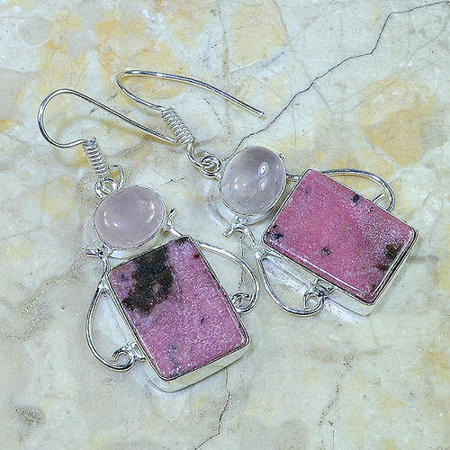 FABULOUS RHODONITE & ROSE QUARTZ NATURAL GEMSTONES 925 SILVER EARRINGS 2"