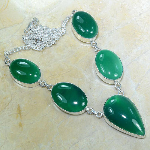 MAGNIFICENT RUSSIAN CHRYSOPRASE NATURAL GEMSTONE 925 SILVER NECKLACE 21.75"