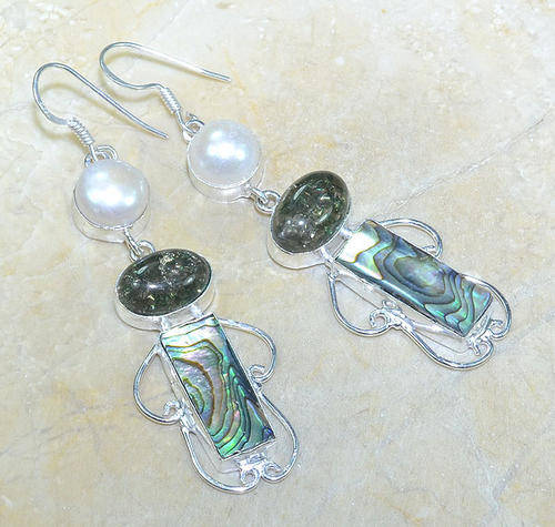 STUNNING ABALONE, SNAKESKIN QUARTZ, RIVER PEARL NATURAL GEMSTONES 925 SILVER DROP EARRINGS 3"