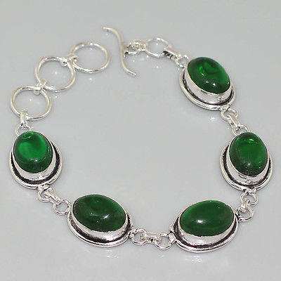 DISTINGUISHED CHROME DIOPSIDE GREEN QUARTZ NATURAL GEMSTONE 925 SILVER BRACELET 6.5-7.5"