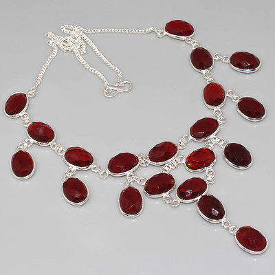 EXCEPTIONAL CHECKERBOARD CUT GARNET RED QUARTZ NATURAL GEMSTONE 925 SILVER NECKLACE 18"
