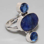 100% NATURAL RAW EARTH MINED BLUE SAPPHIRE & BLUE QUARTZ GEMSTONE 925 SILVER RING #6.5