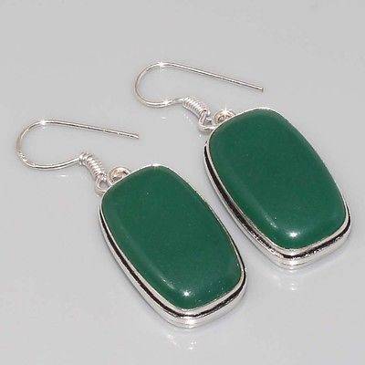 ATTRACTIVE GREEN ONYX NATURAL GEMSTONE 925 SILVER EARRINGS 1.75"