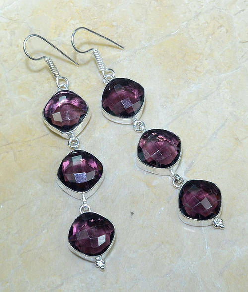 EXCEPTIONAL CHECKERBOARD CUT PURPLE AMETHYST NATURAL GEMSTONE 925 SILVER DROP EARRINGS 3.75"