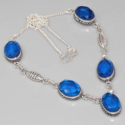 STUNNER - CHECKERBOARD CUT TANZANITE BLUE QUARTZ NATURAL GEMSTONE 925 SILVER NECKLACE 19"