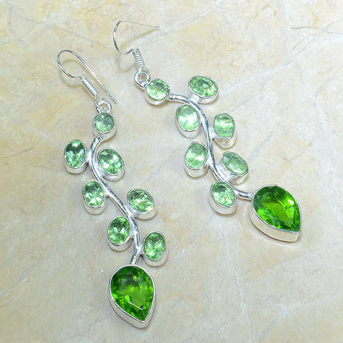 PERIDOT GREEN QUARTZ, GREEN AMETHYST (PRASIOLITE) NATURAL GEMSTONE 925 SILVER DROP EARRINGS 3"
