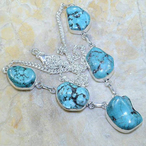 GENUINE NEPAL TURQUOISE NUGGET NATURAL GEMSTONE 925 SILVER NECKLACE 20.5"