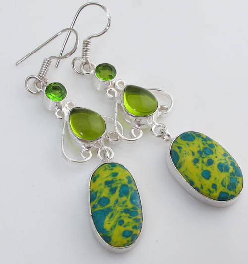 BEAUTIFUL PERIDOT GREEN QUARTZ, MOSAIC JASPER NATURAL GEMSTONE 925 SILVER DROP EARRINGS 2.5"