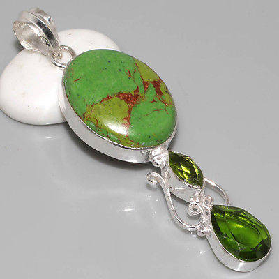 EXCEPTIONAL GREEN COPPER TURQUOISE, PERIDOT GREEN QUARTZ NATURAL GEMSTONE 925 SILVER PENDANT 3"