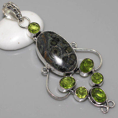 BREATHTAKING AFRICAN KAMBABA JASPER, PERIDOT GREEN QUARTZ NATURAL GEMSTONE 925 SILVER PENDANT 3"