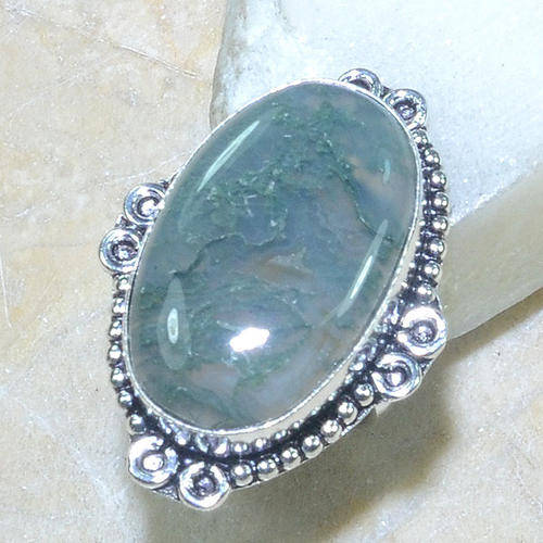 BEAUTIFUL DETAIL MOSS AGATE NATURAL GEMSTONE 925 SILVER RING #5.5