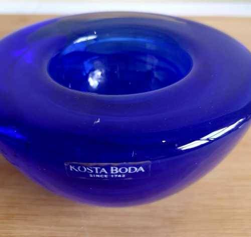 Hand Blown Cobalt Blue Kosta Boda Swirls Tea Light Holder - Marked