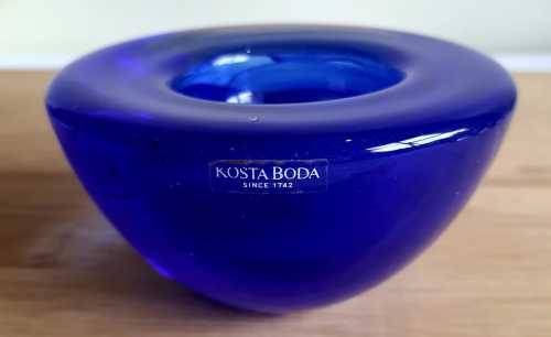 Hand Blown Cobalt Blue Kosta Boda Swirls Tea Light Holder - Marked