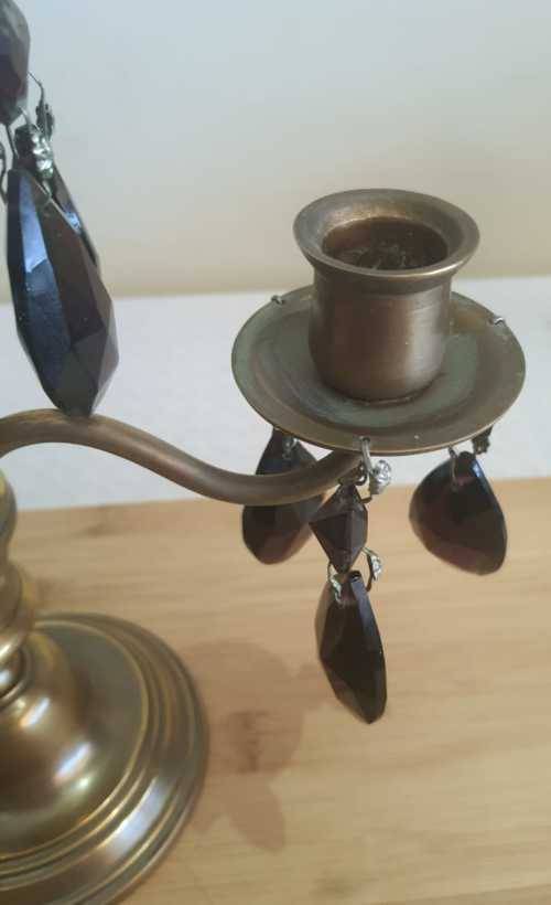 Solid Brass 1.189kg Candelabrum with Faux Amethyst Pendants - NB.Please Read Below