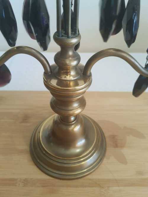Solid Brass 1.189kg Candelabrum with Faux Amethyst Pendants - NB.Please Read Below