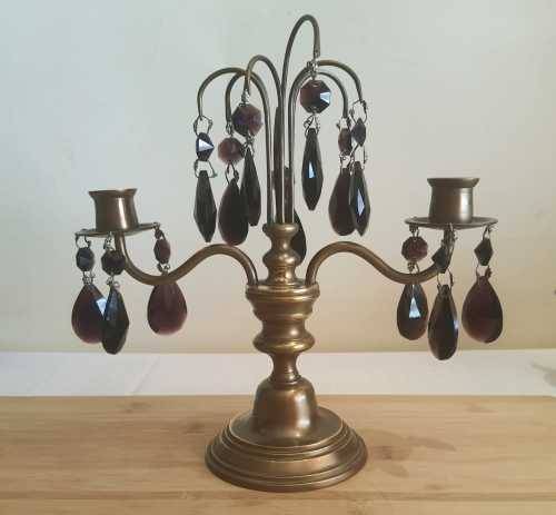 Solid Brass 1.189kg Candelabrum with Faux Amethyst Pendants - NB.Please Read Below