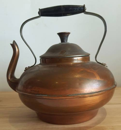 26x23 Vintage Copper Tea Pot with Wooden Handle - Needs a Good Clean